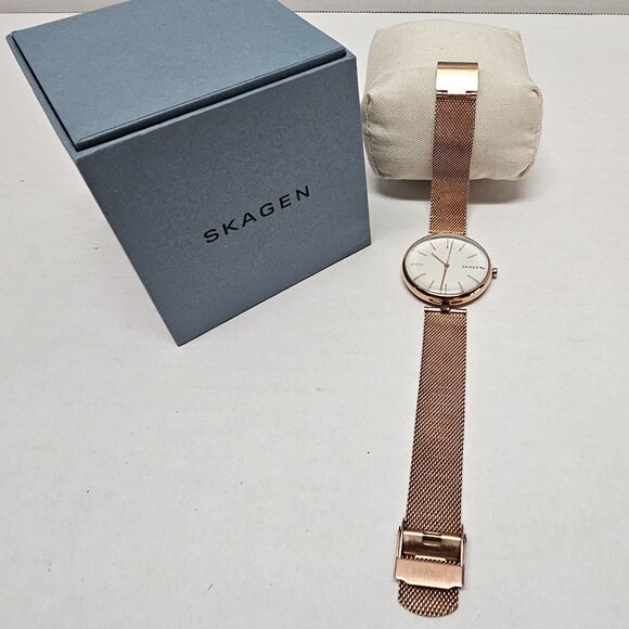 New Skagen Womens Slim Rose Gold Tone Stainless Steel Watch Mesh Bracelet Gift